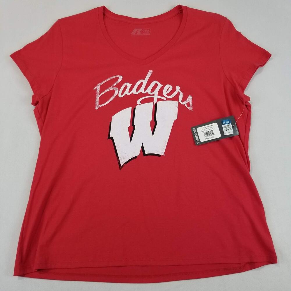 Wisconsin Badgers Shirt Womens 2XL Red NCAA Football Russell V Neck Tee